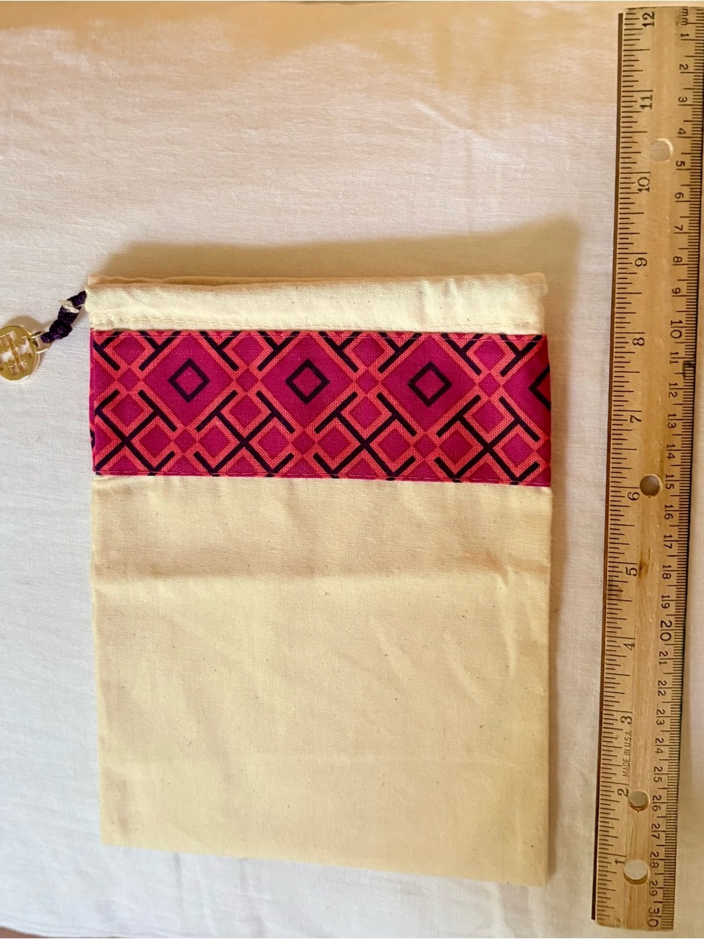 Tory Burch Canvas Drawstring Pouch with Pink Geometric Trim